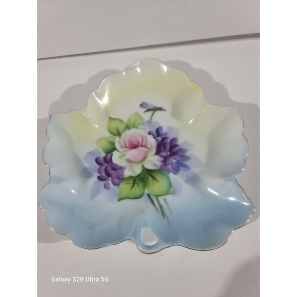 Vintage Lefton China Leaf Shape Hand Painted‎ Dish African Violets Rose 1940s - Picture 3 of 4